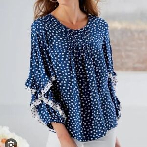Soft Surroundings | Sonrisa Blue Polka Dot Ruffle Sleeve Blouse Size Large